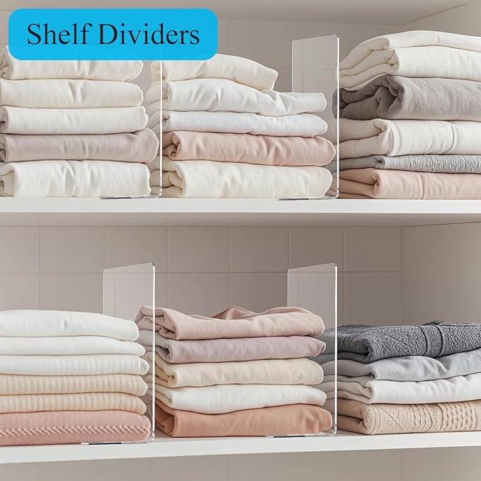 Acrylic Shelf Dividers for Closet Organization: 10" Tall x 12" Deep Closet Shelf Divider for Clothes Sweater Purse - Clear Closet Organizers and Storage Separators for Shelves, 5Pack