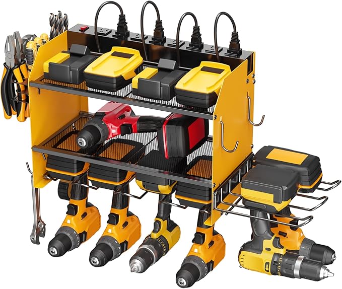 CCCEI Modular Power Tool Organizer Wall Mount Charging Station, Yellow 6 Drills Holder with 8 Plug Power Strip 10FT, Garage Drill Battery Heavy Duty Metal Shelf, Utility Rack with Hooks, Side Storage.