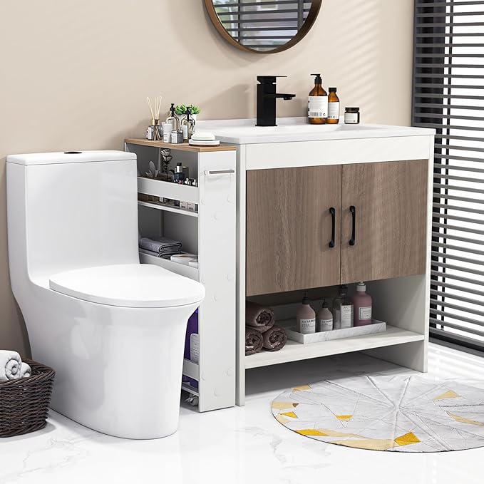 Slim Storage Cart, 4 Tier Rolling Storage Cabinet with 4 Universal Wheels, Convenient Handle, Narrow Laundry Cart for Small Space Bathroom Office
