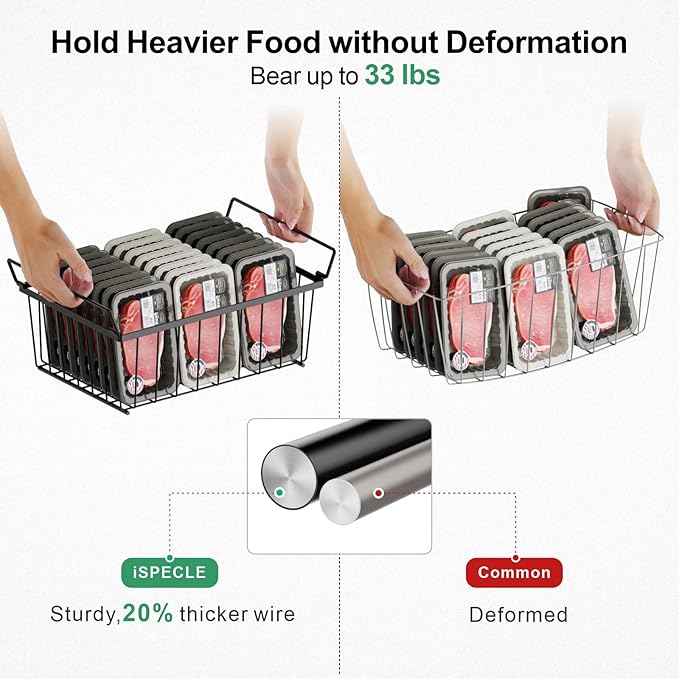 iSPECLE Freezer Organizer Bins - 17.5" Length Fit 5 Cu.FT Chest Freezer, 1 Expandable Hanging Bin & 3 Pack Stackable Deep Freezer Organizer, Sort and Get Frozen Food Easily with Handle, 4 Pack Black