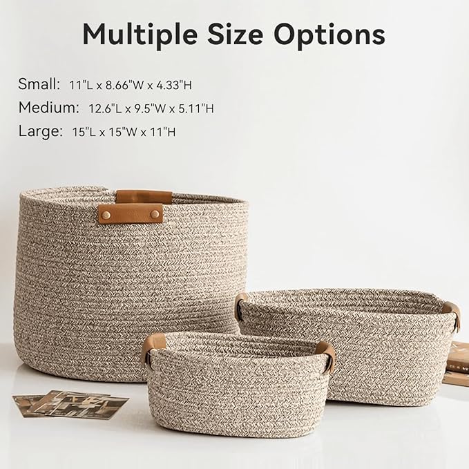 Small Cotton Woven Basket with PU Leather Handle, Baby Kids Clothes Toys Candy Gifts Cotton Rope Organizer, Living Room Basket Bathroom Shower Storage Laundry Basket, Dog Cat Bed, Cute Decor, Blue