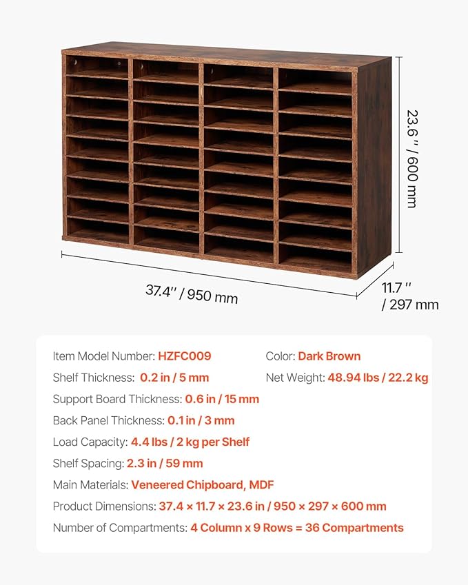 VEVOR Literature Organizer, 36 Compartments Office Mailbox with Removable Shelves, Wood Mailbox Sorter Particle Board Office Home Classroom Storage, File Sorter for File, Document, Paper, Retro Brown