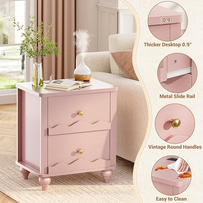 Cyclysio Nightstand Set of 2 with Charging Station, Side End Table with 2 Drawers, Modern Wood Night Stand Set 2 with Scalloped Pattern for Bedroom, Bedside Night Tables with Solid Wood Gourd Legs