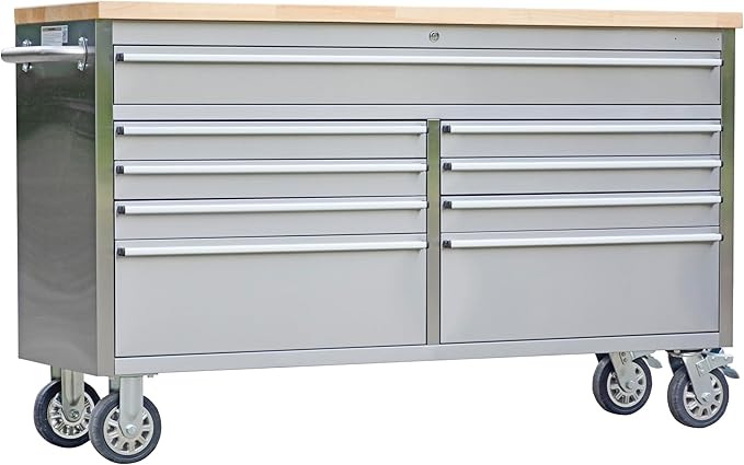 61 Inch Large Tool Chest with Lock - Tool Chest Workbench with 9 Drawers,4 Wheels(2 Can Be Braked),for Garage, Workshop, Warehouse Repair,Sliver