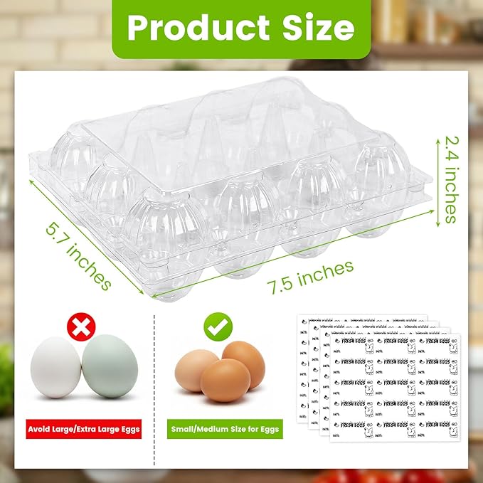 LOVEINUSA 60 Pack 12-Count Clear Plastic Egg Cartons with 60 Date Labels, Reusable PET Dozen Egg Holders for Medium Chicken Eggs, Clamshell Cartons for Farm, Home Fridge & Market Display
