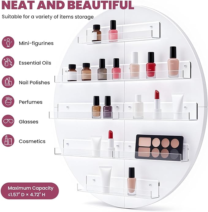 Wall Mount Nail Polish Organizer, 2 Packs Wood Nail Polish Rack w/Acrylic Barrier, 5-Tier Round Storage & Display Shelf, Perfume Essential Oil Bottles Holder, White