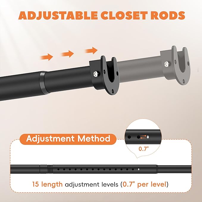 Closet Rod 50-75 Inches, Adjustable Heavy Duty Metal Black Closet Rods for Hanging Clothes 1.3 Inches Diameter for Wardrobes Laundry