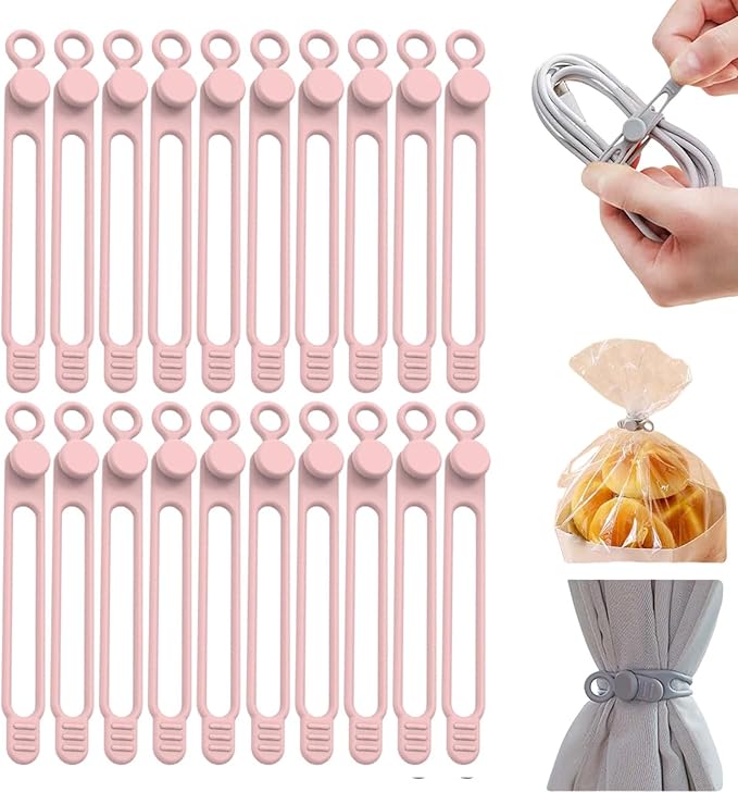 Data Cable Organizer, Silicone Cable Ties Reusable - Elastic Cord Organizer for Electronics, Adjustable Wire Ties for Cable Management,Computer Wires,Phone Charger,Earphone,Home Office (Pink, 30PCS)