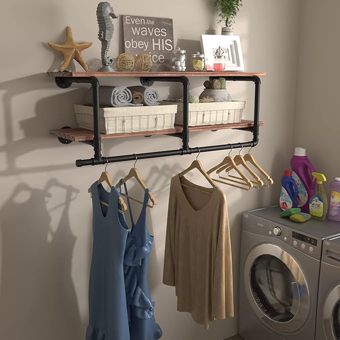 Industrial Pipe Clothing Rack with Top Shelf, Space-Saving Wall Mounted Clothes Rack 2 Tiers, Shelf with Hanging Rod for Closet Storage, Laundry Room. (2Tier, Brown)