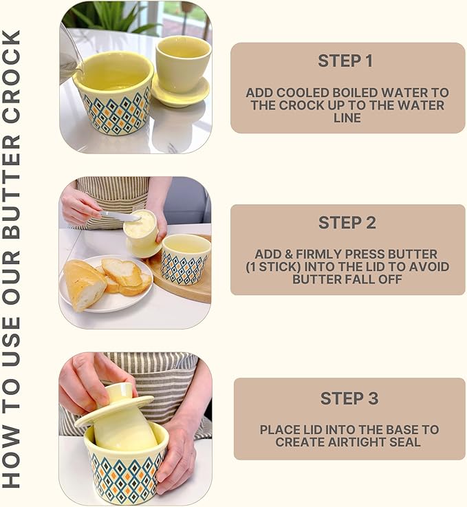 Butter Crock with Lid for Countertop, Butter Keeper Crock with Water, French Butter Dish Ceramic, Butter Holder with Lid for Spreadable Butter, Butter Container for Counter (Yellow Ovals)