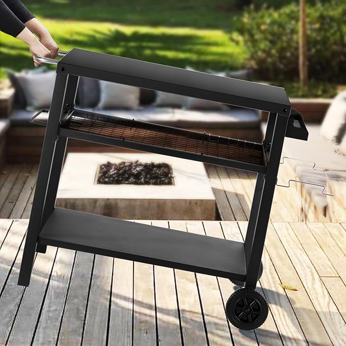 Grill Cart Table with Three Shelf, Movable Outdoor Dining Cart Pizza Oven Stand with Three Hooks, Kitchen Cart Island Multifunction Food Prep Table (Black)