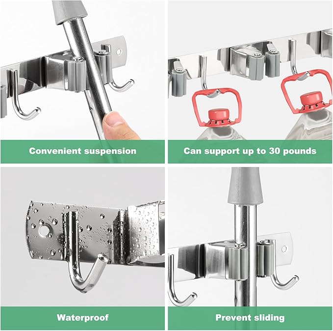 3 Pack Broom Holder Wall Mount 3 Racks 4 Hooks Stainless Steel Broom Mop Holder Anti Slip Storage Rack Strong Load Bearing Waterproof Broom and Mop Organizer Wall Hanging for Bathroom Kitchen Garage