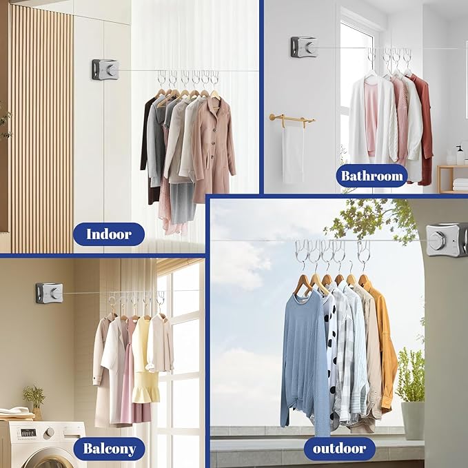Retractable Clothesline Indoor, Non-Sagging Outdoor Clothes Line Retracting, 16.7 Ft Heavy Duty Clothes Drying Laundry Line, Wall Mounted Stainless Steel Clothesline for Balconies, Bathroom (White)