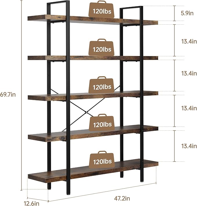 Bookshelf Set of 2, Heavy Duty 5-Tier Industrial Bookcase, 47" Wide Wood Bookshelf for Home Office, 120lbs Shelf Capacity, Rustic Open Display with Horizontal Shelf for Living Room Bedroom
