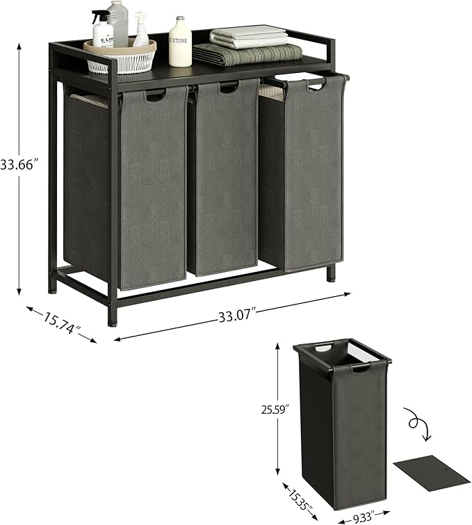 Laundry Hamper with Shelf, Laundry Basket 3 Section, Laundry Sorter with Pull-Out Removable Large Bags and Movable Wheels, Metal Frame, 3 x 15.87 Gallons (60L), Black and Gray PF04XLC