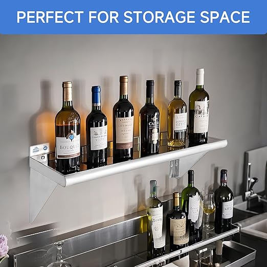 ROCKPOINT Stainless Steel Shelf 10 x 48 Inches 280lb, 2 Pack NSF Metal Commercial Shelves Wall Mount Floating Shelving with Backsplash for Restaurant, Kitchen, Home and Hotel, Silver