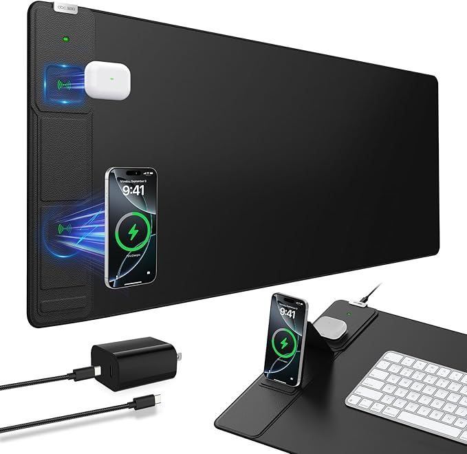 Wireless Charging Mouse Pad with Foldable Phone Holder, 31.5"x15.8" Extended Desk Mat for Laptop/Keyboard, Waterproof Ultra-Smooth Surface, Non-Slip Base & 20W PD Adapter, Black