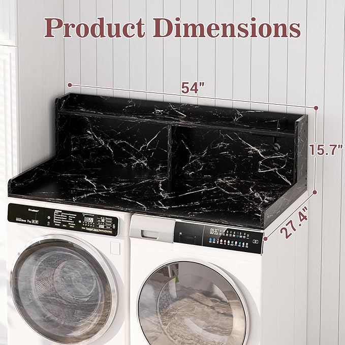 Aheaplus Washer and Dryer Countertop, 2-Tier Laundry Countertop Cover with LED Lights and Power Strip, Large Space Laundry Topper with Shelf for Laundry Room Organization, Black Marble
