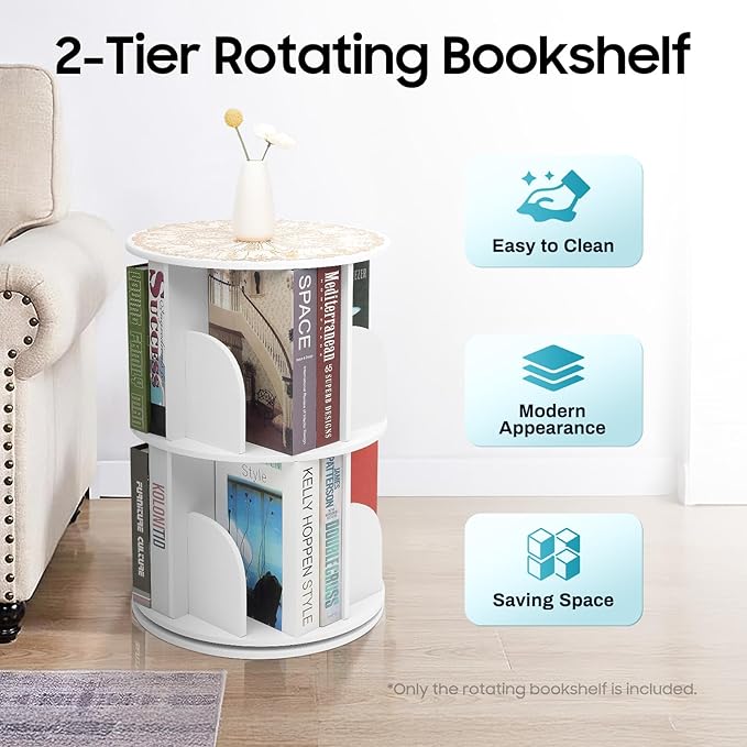 2-Tier Rotating Bookshelf 360° Revolving Bookcase, Floor Standing Bookcase Book Storage Organizer Display Rack, Round Bookshelf with Dividers & Anti-Falling Baffles for Living Room, Study Room