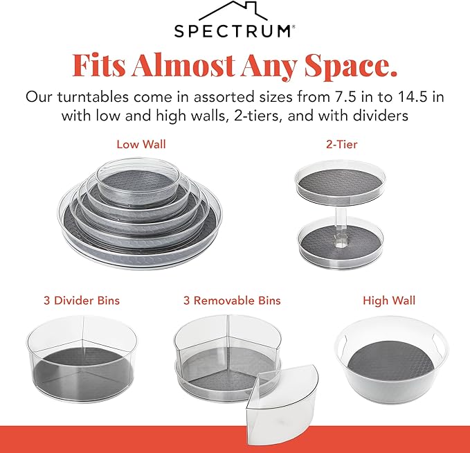Spectrum Large Lazy Susan Organizer 11 in for Large Cabinet Fridge Pantry Table Shelf Bath Kitchen Organization, Charcoal Gray Rotating Turntable Spinning Storage for Condiments Spice Bottles