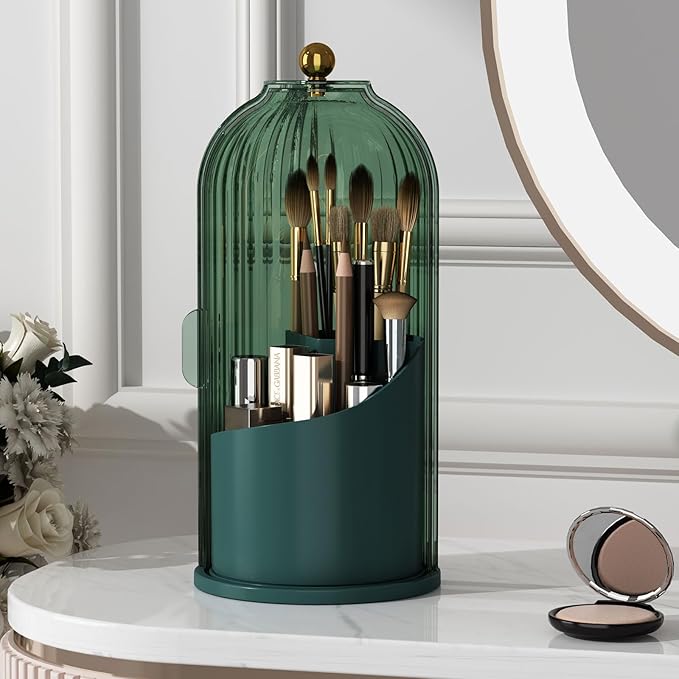 Makeup Brush Holder with Lid 360 Rotating Clear Dustproof Make Up Organizers for Vanity Bathroom Countertop, Green
