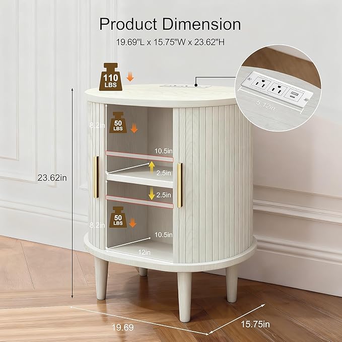 Nightstands Set of 2 & Charging Station, Fluted Accent Side Table with Sliding Door & Adjustable Shelf, Mid-Century Modern End Table for Small Space, Living Room, Bedroom(2, White)