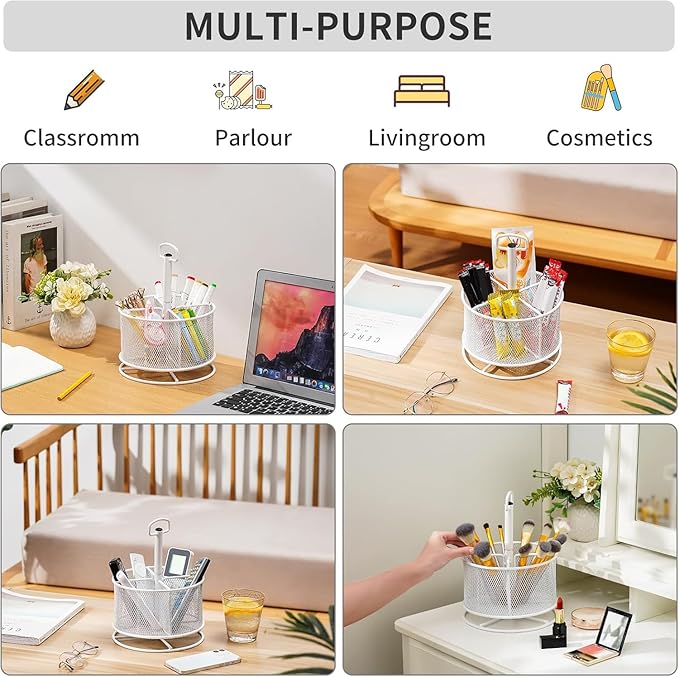 Marbrasse Mesh Desk Organizer, 360-Degree Rotating Multi-Functional Pen Holder, 4 Compartments Desktop Stationary Organizer, Home Office Art Supply Storage Box Caddy (White)