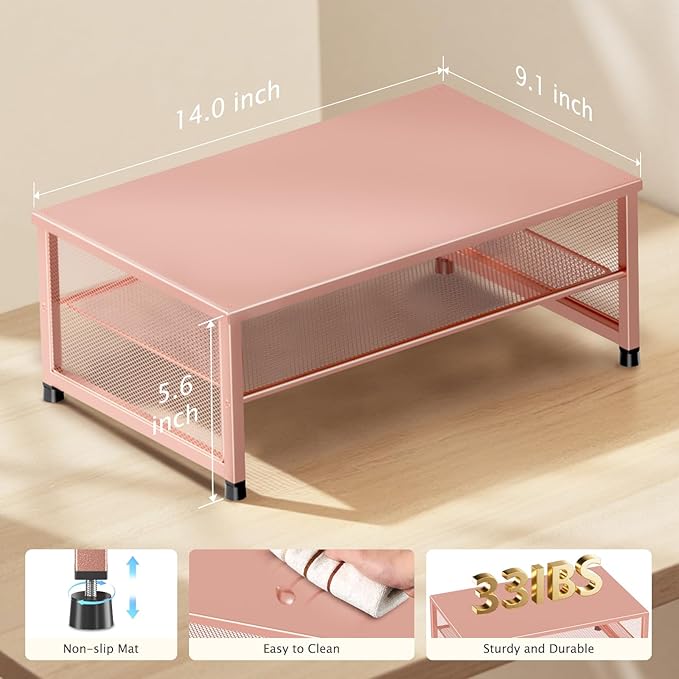 Desk Organizers and Accessories, 2-Tier Metal Computer Monitor Stand Riser, Desk Organizer for Monitor, Printer & Laptop Stand, Desktop Workspace Organizers for Office Supplies(Rose Gold)