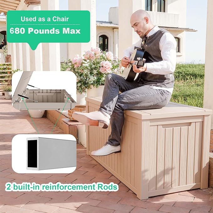 200 Gallon Outdoor Deck Box,Storage Lockable Waterproof Patio Furniture,Garden Tools,Cushions,Pool Accessories Outside Storage Resin Box(Grey)