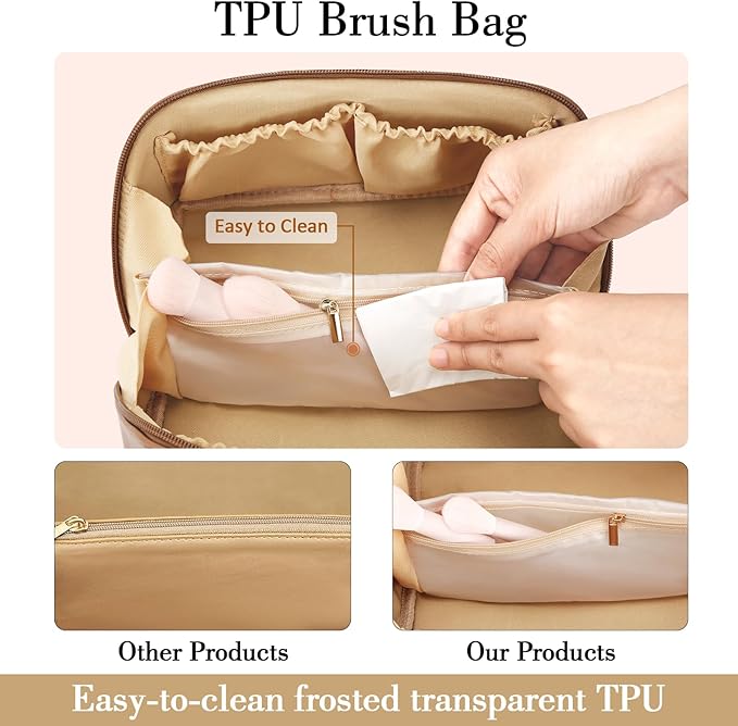 Birthday Gifts for Women Teen Girl, Personalized Initial Makeup Organizer Bag Set, Open Flat Travel Cosmetic Bag With Clear Divider and Handle(Beige,A)