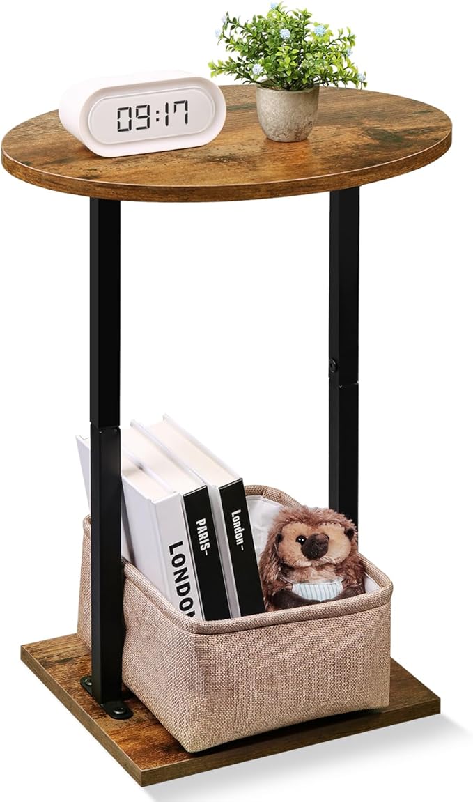 Eufrozy Small Side Table for Small Spaces, 24 inch Wooden Round End Table with Fabric Basket, Wood Accent Table for Couch Sofa Drink Sidetable Living Room Bedroom Rustic