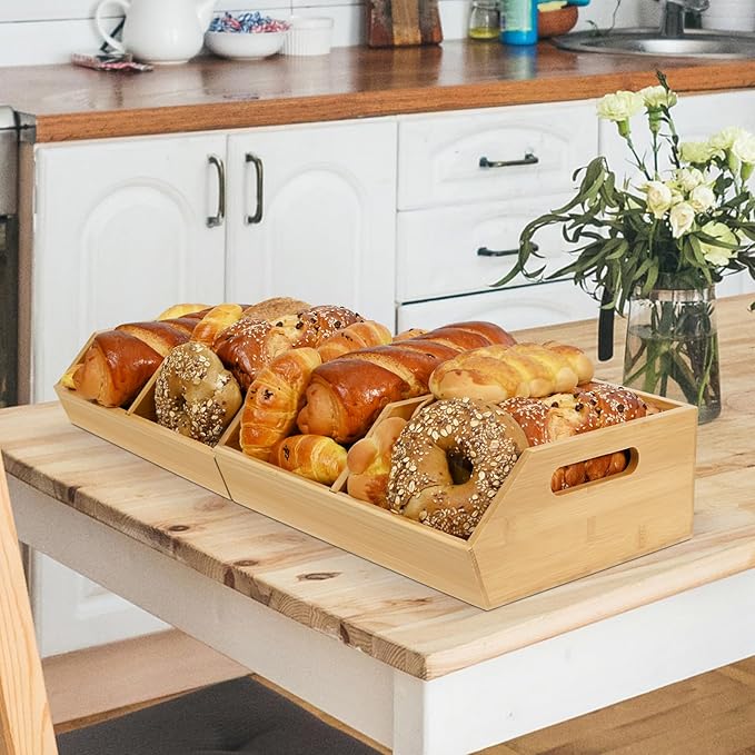 Ollieroo Bamboo Stackable Storage Bin, Pantry Organizer and Storage Baskets, Potato and Onion Kitchen Organizer, Kitchen Storage Containers for Produce, Fruit, Bread, Vegetable, Garlic, Pack of Two