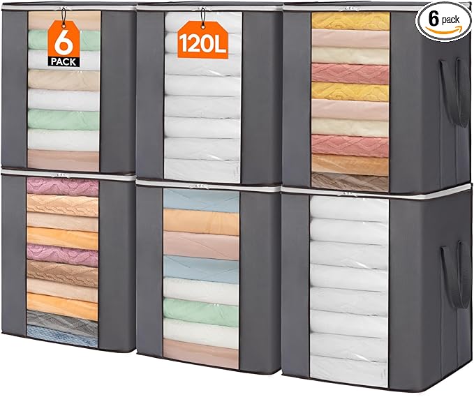 Lifewit Extra Large Blanket Comforter Storage Bags with Reinforced Handles for Bedding, Sheet, Foldable Clothes Storage Containers for King Size Quit, 120L Linen Moving Bag 6 Pack
