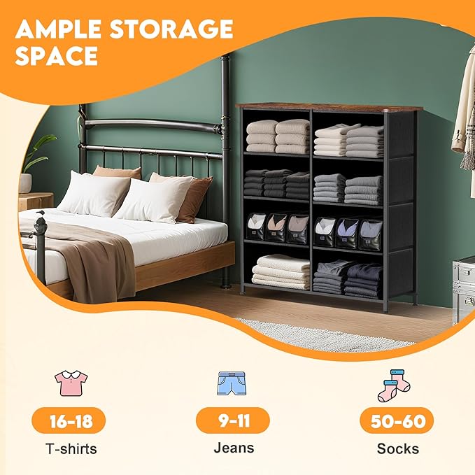 Curved Profile Dresser for Bedroom, Chest of Drawers, 8 Storage Drawers Organizer Unit, Brown Dresser with Fabric Bins for Closet, Living Room, Kid Room (Black and Rustic Brown)