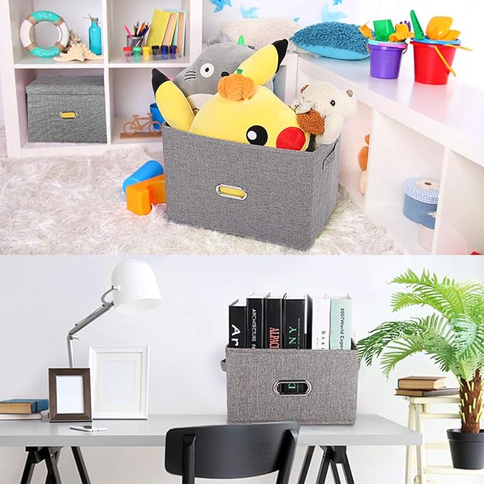 Linen Fabric Collapsible Storage Bins with Removable Lids and Handles, Washable Storage Box Containers Baskets Cube with Cover for Bedroom,Closet,Office,Living Room,Nursery (Khaki, Small)