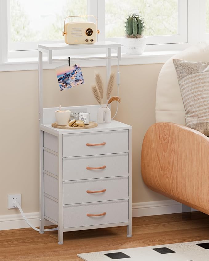 Furnulem White Nightstand, 38 inches Tall Night Stand with Charging Station and LED Lights, Bedside Table for Bedroom, Office, Hallway, 4 Fabric Drawers, Metal Frame, Wood Shelves