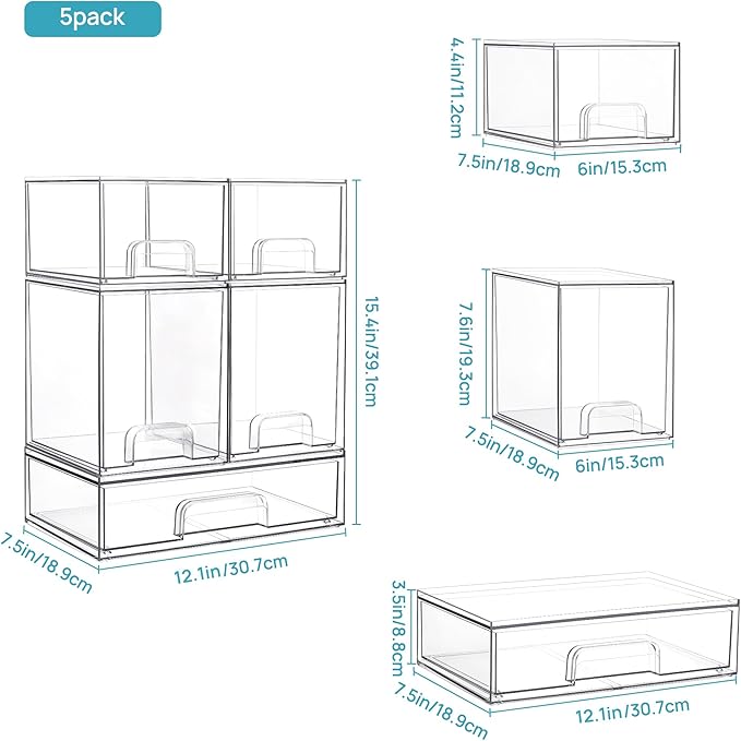 Vtopmart Stackable Storage Drawers Set of 5, Clear Plastic Organizer Bins for Baby Bottle, Beauty Supplies Storage, Ideal for Kichen Countertop, Vanity, Bathroom, Cabinet, Pantry Organization