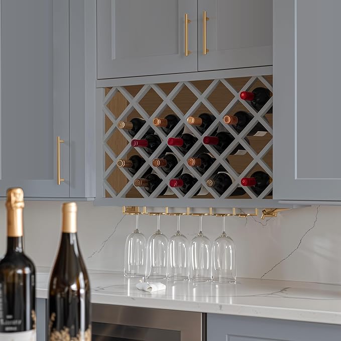 Solid Wood RTA Wine Bottle Rack Wall Cabinet with Lattice Panels Wine Holder Wine Storage Cabinet for Bar, Pantry, Wine Cellar Basement Countertop Mocha (Gray, 36”W × 12”D × 15”H), Sk-grey