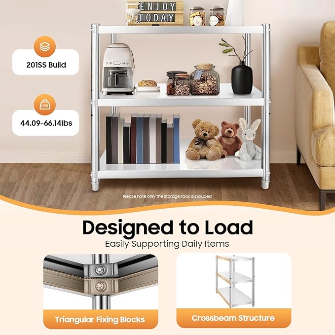 3 Tier Stainless Steel Shelves Heavy Duty Storage Rack Adjustable Kitchen Shelving Organizer with Strong Load Bearing for Garage Bathroom Office and Industrial Use