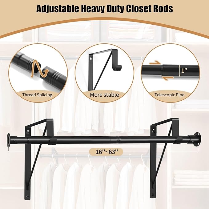 Closet Rod, 16 to 63 Inch Closet Rods Heavy Duty Adjustable Wardrobe Poles for Hanging Clothes and Heavy Duty Bracket Closet Pole Support (The Shelf NOT Included)(Black)