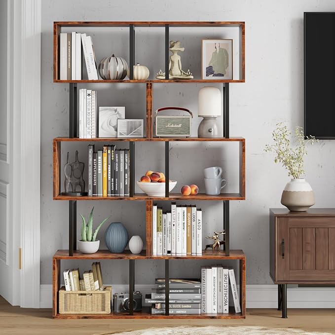 Furologee 6 Tier Bookshelf, Tall S Shaped Geometric Bookcase, Modern Display Shelf Standing Unit, Wood Metal Decorative Divider Rack for Living Room Bedroom Office, Rustic Brown
