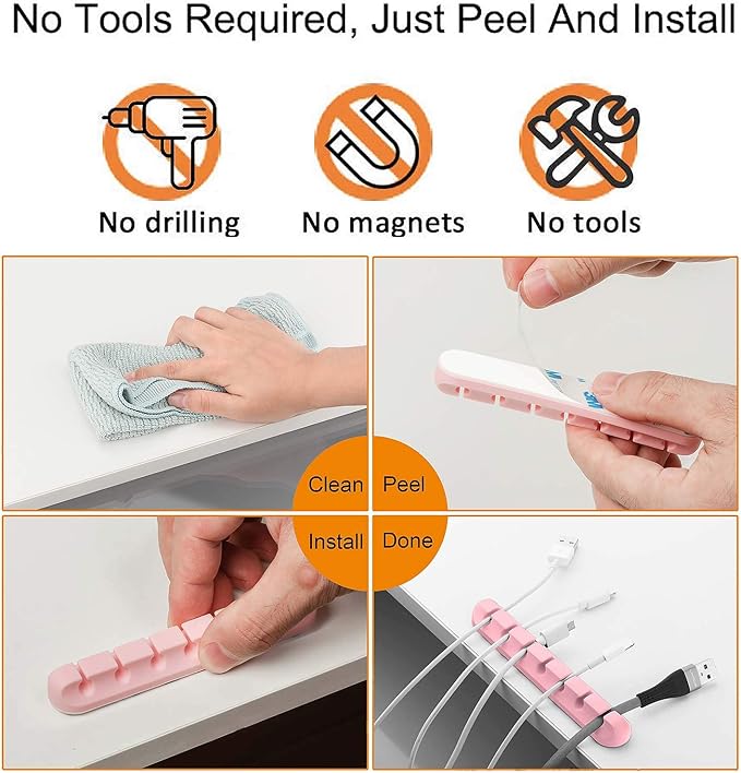Cord Holder Cable Organizer Clips – Self Adhesive Cord Organizer for Desk, Car, Nightstands, Office, Pink Silicone Cord Keeper Cable Clips Wire Holders for Charger Cords (7-5-3-1-1 Slots)