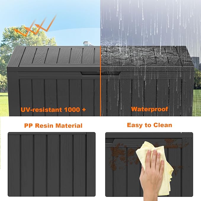 86 Gallon Outdoor Deck Box,Storage Lockable Waterproof Patio Furniture,Garden Tools,Cushions,Pool Accessories Outside Storage Resin Box(Black)