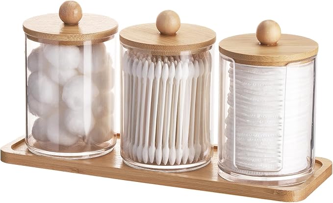 Tbestmax 10 oz Qtip Holder with Vanity Tray, 3 Pack Cotton Swab/Ball/Pad Dispenser Apothecary Jar, Clear Bathroom Containers Dispenser for Storage Bamboo Lids