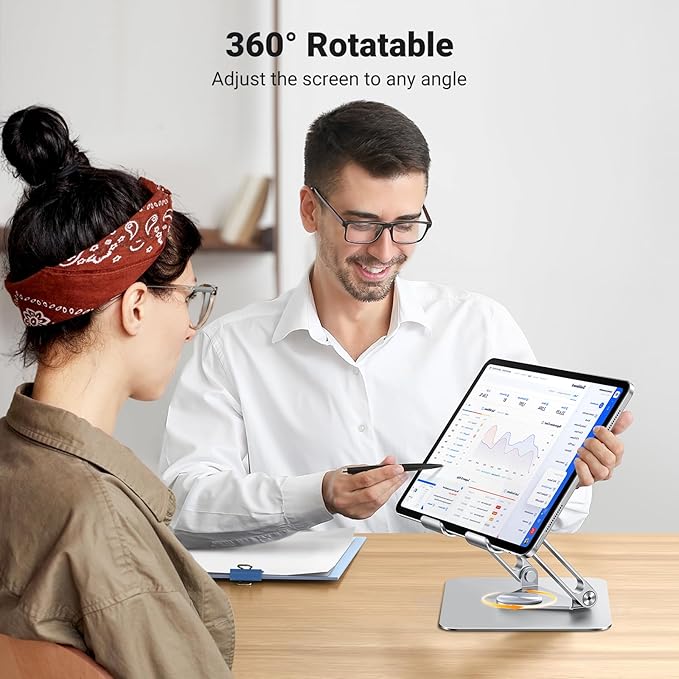 UGREEN Tablet Stand Holder for Desk with 360° Rotating Base Aluminum Dual Rod Support Adjustable Home Office Accessories Compatible with iPad Pro 13 12 11 Air Mini 5 4 3 Phone E-Reader Silver