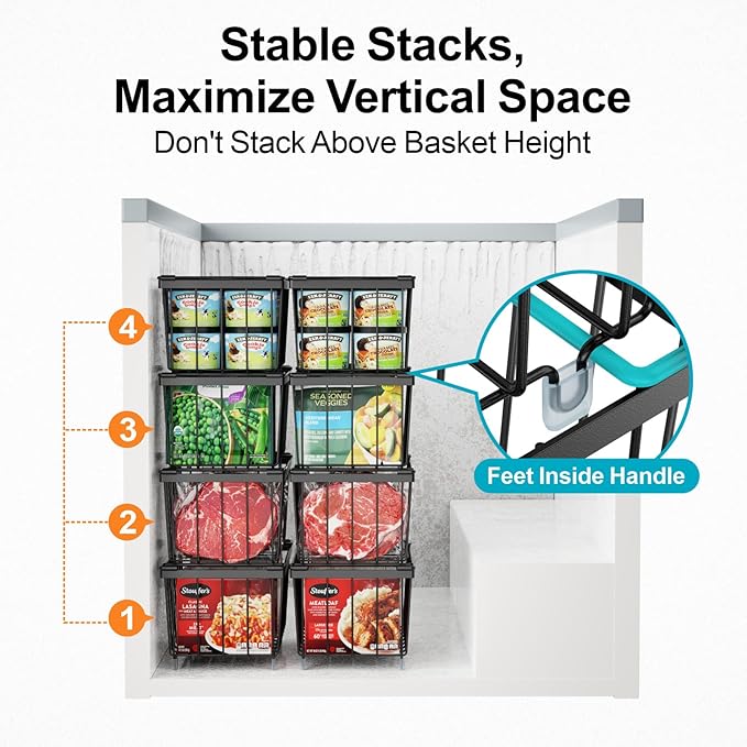 iSPECLE Chest Freezer Basket - 3 Pack Small Stackable Freezer Bins for Most 7 Cu.FT Deep Freezer Sort Frozen Food, Deep Freezer Organizer Bins with Handles Easy to Get Food from Bottom, Black