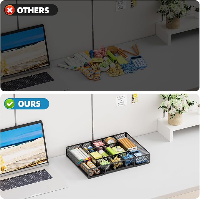Marbrasse Expandable Desk Drawer Organizer, Mesh Drawer Organizer Tray with 10 Adjustable Compartments, Desk Organizers and Accessories, 5 Dividers Drawer for Office Supplies, Makeup & Vanity (Black)