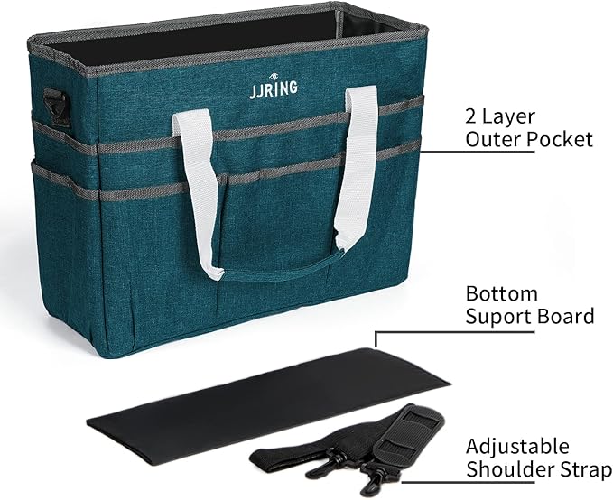 JJRING Craft Organizer Tote Bag, Large Art Storage Caddy with Multiple Pockets, Bluish Green Sewing Bag for Art, Craft, Scrapbooking, School, Medical, and Office Supplies Storage