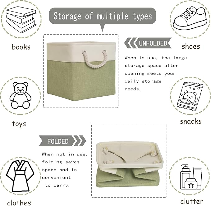 13 x 13 storage cubes[6 Pack],Cube Storage Organizer Bins with Rope Handles, Eco-Friendly Linen Collapsible Organizers for Closet, Nursery, Toys, Office, Bathroom – Dual Color Design.(White&Green)