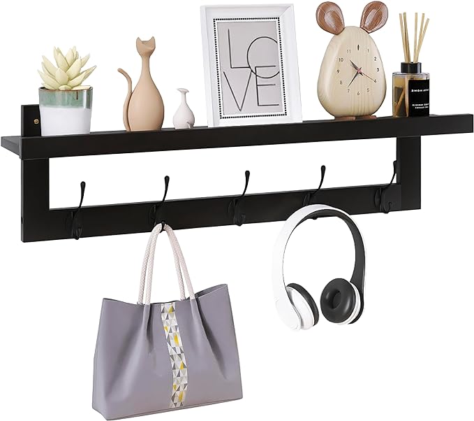 SMIBUY Coat Hooks with Shelf Wall-Mounted, 29.2 Inch Entryway Coat Rack for Wall, Bamboo Hanging Shelf with 5 Double Metal Hooks for Bathroom, Bedroom, Kitchen, Living Room, Mudroom (Black)